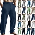 thumbnail image 1 of QATAINLAV Mens Cotton Linen Pants with Pockets Lightweight Breathable Wide Leg Summer Beach Yoga Pants Baggy Button Elastic Waist Trousers Army Green L Summer Savings, 1 of 7