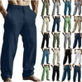 thumbnail image 1 of QATAINLAV Mens Cotton Linen Pants with Pockets Lightweight Breathable Wide Leg Summer Beach Yoga Pants Baggy Button Elastic Waist Trousers Green XL Mens Gifts, 1 of 7