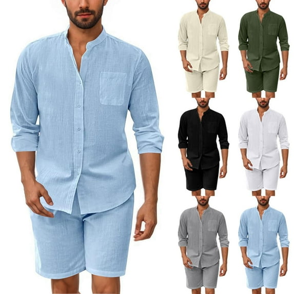 QATAINLAV Mens Cotton Linen Short Sleeve 2 Piece Sets Solid Casual Button Stand Collar Shirts and Beach Shorts Vacation Outfits with Pocket Black L Ofertas Relampago de Hoy