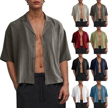 QATAINLAV Mens Cropped Tops Button Down Short Sleeve Shirts Casual Lapel Summer Beach Shirt Hawaiian Vacation Clothes Black XL Ofertas Relampago de Hoy