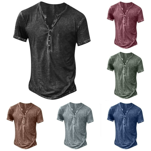 QATAINLAV Mens Distressed Henley Shirts Retro Short Sleeve Cotton Tee Shirts Casual Front Button Down Washed T-Shirts for Men