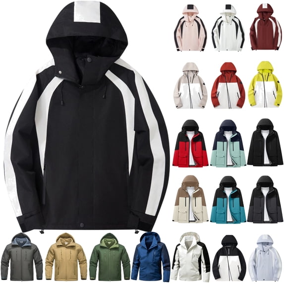 QATAINLAV Mens Drawstring Hooded Windbreaker Jackets Casual Waterproof Rain Jacket Full Zip up Color Block Outerwear Black,L