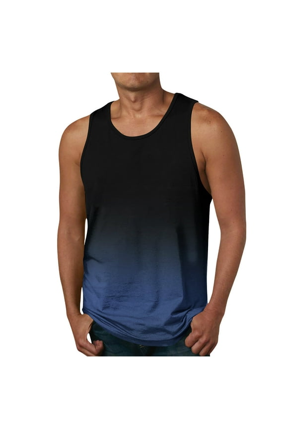 Mens Fashion Gradient Print Tank Tops Casual Sleeveless Muscle Fit Tees Shirts Loose Crew Neck Gym Workout Athletic Top Blue XL