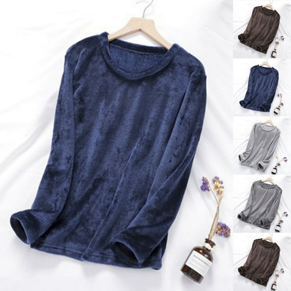 QATAINLAV Mens Fleece Pajamas Tops Long Sleeve Thermal Pullover Solid Color Fannel Warm Crewneck Shirts Winter Soft Loungewear, Coffee, XL
