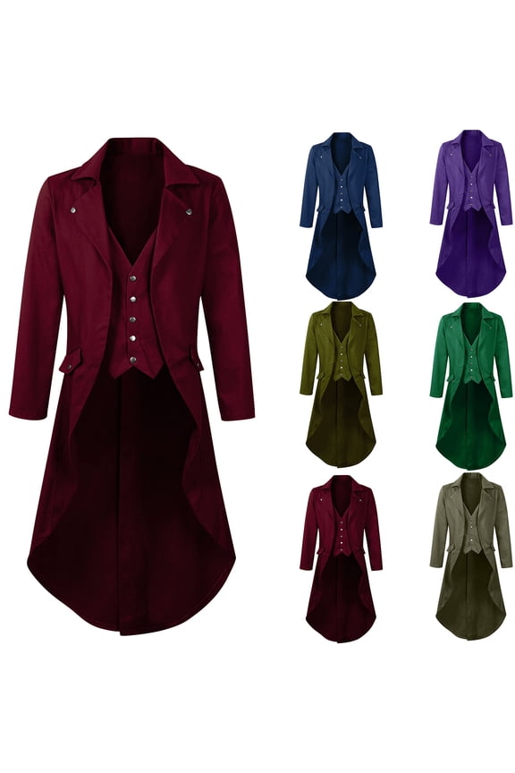 Mens Gothic Tailcoat Jacket Vintage Steampunk Pirate Costumes Medieval Victorian High Collar Coat for Wedding Party Wine 4XL