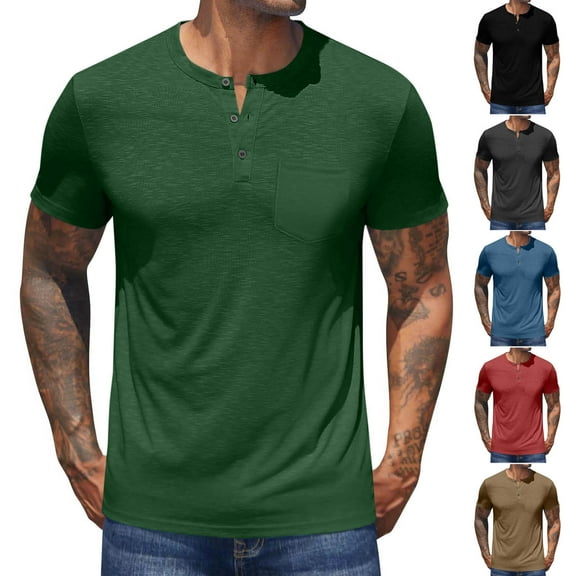 QATAINLAV Mens Henley Shirts with Pocket Short Sleeve Casual Slim Fit T Shirt Summer Cotton Basic Tees Tops Gym Jogging Sports Outfits Brown XL Sales of The Day