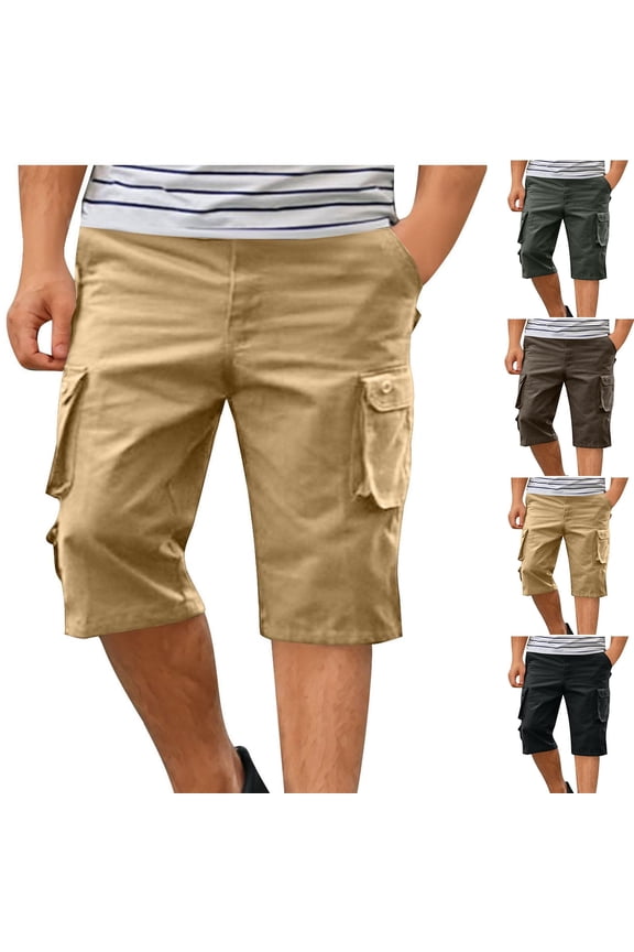 Mens Below Knee Cotton Cargo Shorts Outdoor Ripstop Summer Hiking Shorts Solid Casual Multi Pockets Short Work Pants Khaki XXL