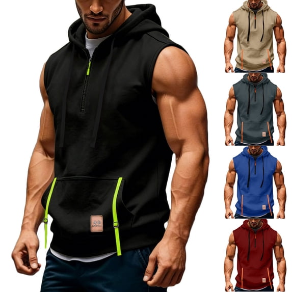 QATAINLAV Mens Knit Quarter Zip Pullover Summer Sleeveless Hoodies Going Out Tops Casual Hooded Muscle Shirts with Pockets Gray XL