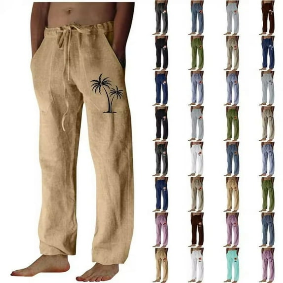 QATAINLAV Mens Linen Beach Pants Loose Fit Straight Leg Lounge Pants Casual Drawstring Trousers Fashion Palm Trees Print Sweat Pants with Pockets Big Deal Days Coffee XXL