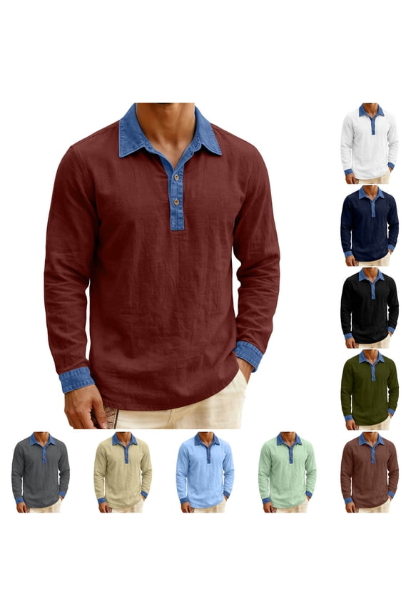 Mens Long Sleeve Linen Shirt Casual Button Denim Patchwork Polos Shirts Summer Breathable Beach Tops Navy M