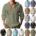 thumbnail image 1 of QATAINLAV Mens Long Sleeve Linen Shirts Drawstring Hooded Button Down Beach Hippie Shirt Lightweight Soft Solid Color Blouse Tops Beige L, 1 of 7