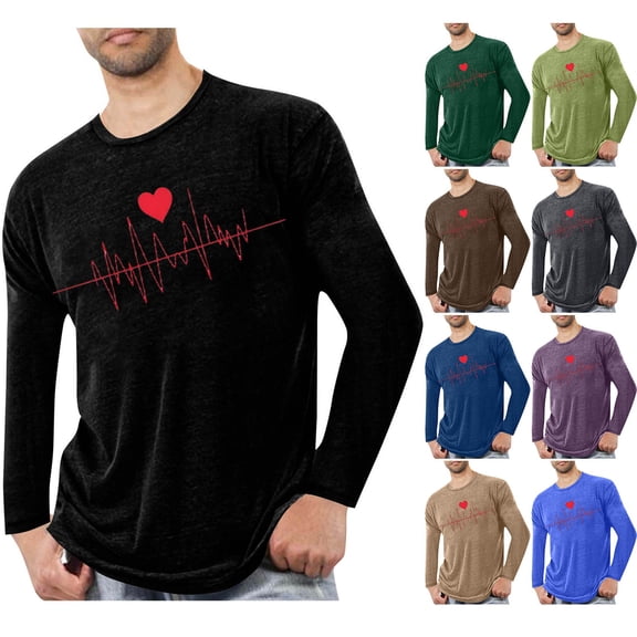 QATAINLAV Mens Long Sleeve Shirts Casual Heart Graphic Tees Tops Valentines Crew Neck Pullover Cotton Comfy T-Shirt, Black, XXXL