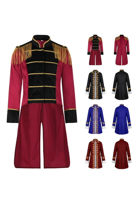 Mens Military Uniform Tailcoat Medieval Victorian Steampunk Tuxedo Coat Long Sleeve High Collar Frock Coat Performance Halloween Costume, Red, XL