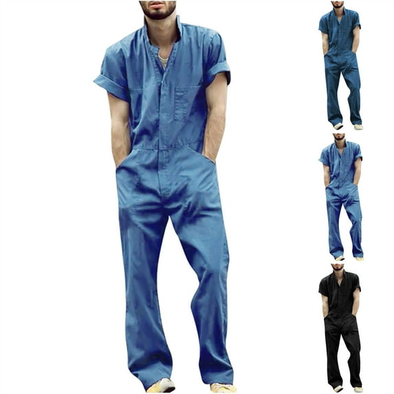 QATAINLAV Mens Overalls Short Sleeve Zip Front One Piece Work Wear Coveralls Flight Suit Lightweight Rompers Jumpsuit with Pockets Blue L Daily Sales Clearance