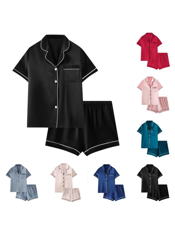 Mens Pajama Sets Summer Short Sleeve Satin Shirts and Elastic Waist Shorts Loungewear Button Down Silk Sleepwear 2 Piece Outfits Blue S
