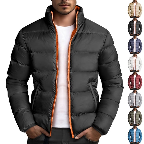 QATAINLAV Mens Puffer Jacket Stand Collar Quilted Jackets Zipper Warm Long Sleeve Winter Down Coat Windproof Outwear, Navy, S