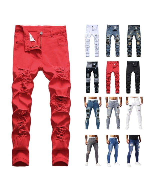 Mens Ripped Jeans Slim Fit Straight Leg Denim Pants 2025 Fall Winter Distressed Destroyed Jean Pants Big and Tall Trousers with Pockets Limited Time Sale Dark Blue 4XL