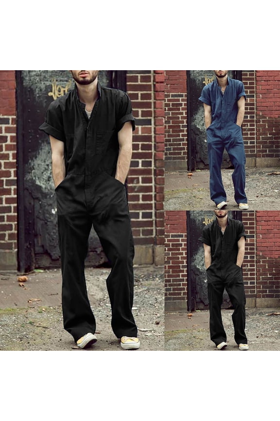 Mens Rompers Jumpsuits Casual Button Down Short Sleeve One Piece Coverall Loose Fit Full Length Overalls Outdoor Shorts Tracksuits with Pockets Blue L Sales Today