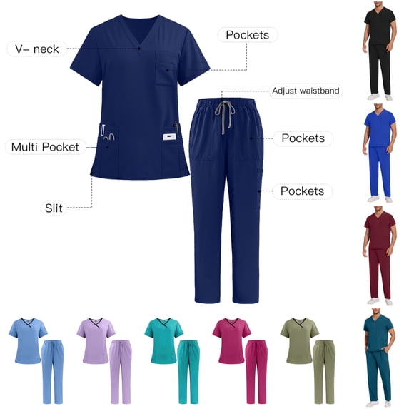 QATAINLAV Mens Scrubs Set V-Neck Scrub Top & Jogger Pant with Pockets Solid Color Work Uniform 2 Piece Sets Pink L