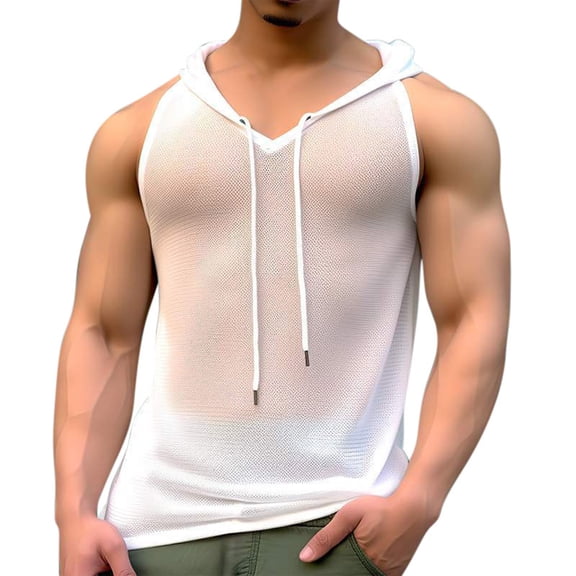 QATAINLAV Mens Sheer Mesh Tank Tops Summer Sleeveless Workout Hoodie See Through Muscle Shirts, White, XL