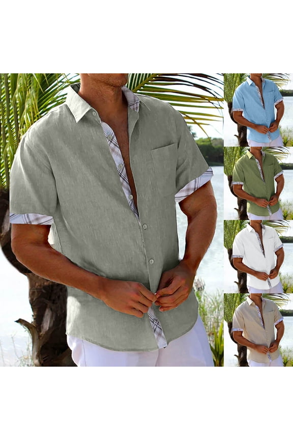 Mens Short Sleeve Button Down Shirts Checkered patchwork Laple Collar Tops Cotton Linen Retro Shirt Summer Vacation Beach Casual Tops