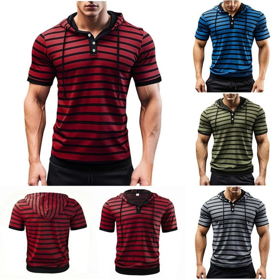 QATAINLAV Mens Short Sleeve Hoodie Casual Button Up Workout Tee Tops Fashion Striped Drawstring Hooded Henley Shirts, Gray, S