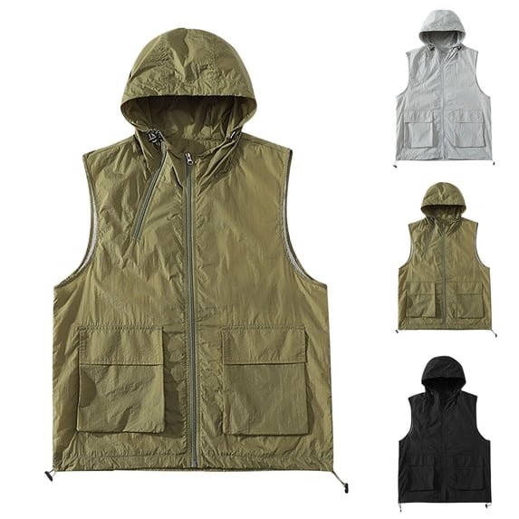 QATAINLAV Mens Sleeveless Golf Vest Lightweight Loose Hooded Cargo Jackets Summer Zip Up Softshell Windproof Outerwear with Pockets, Gray, M