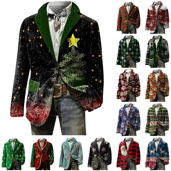 QATAINLAV Green Mens Christmas Corduroy Blazer Jacket Xmas Print Sport Coat Button Slim Fit Business Office Blazers with Pockets XL