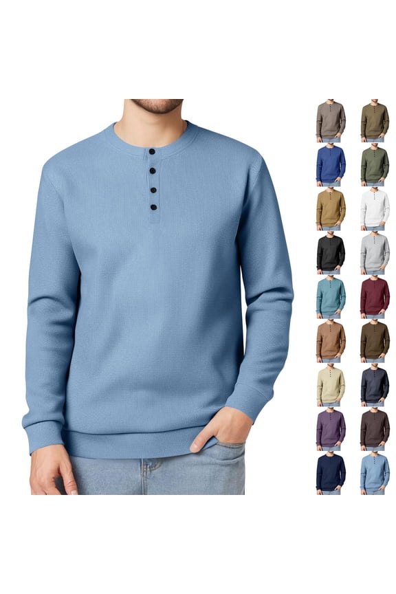 Mens Slim Fit Henley Shirts Long Sleeve Waffle Knitted Pullover Casual Button Down V Neck Sweatshirt Solid Color Blouse Tops White M Camisas Para Hombres
