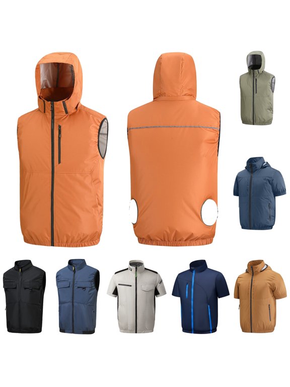 Mens Summer Cooling Jackets Short Sleeve Air Conditioner Hoodies Casual Zipper Hooded Coats(No Battery Pack) Brown XL