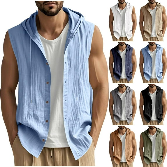 QATAINLAV Mens Summer Linen Hoodies Solid Color Casual Button up Sleeveless Hooded Vest Sports Tops Vacation Beach Clothes, Black, M