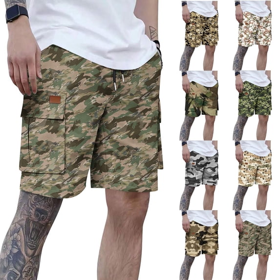 QATAINLAV Mens Tactical Shorts Fashion Camo Fishing Camping Cargo Shorts Summer Elastic Waist Drawstring Work Short Pants with Multi Pockets Khaki L Back to School Sales