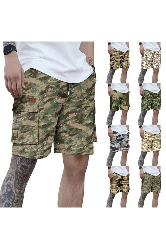 Mens Tactical Shorts Fashion Camo Fishing Camping Cargo Shorts Summer Elastic Waist Drawstring Work Short Pants with Multi Pockets Khaki L Back to School Sales