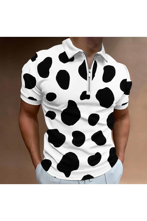 Mens Tops, Tshirt for Men Casual Half Zip Lapel T-Shirts Fashion Cow Print Short Sleeve Blouse Summer Loose Going Out Shirts Streetwear Sales of the Week White S