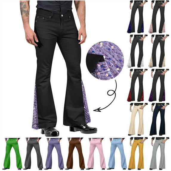QATAINLAV Mens Vintage Bell Bottom Dress Pants Fashion Sequin Patchwork Flared Pant Solid Casual Flat Front Work Trousers with Pockets, Beige, S