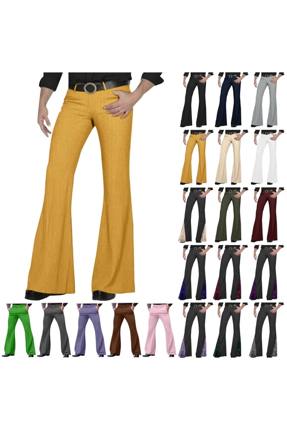 Mens Vintage Corduroy Flared Dress Pants Solid Color Bell Bottom Work Trousers 70s 60s Clubwear, Coffee, XL
