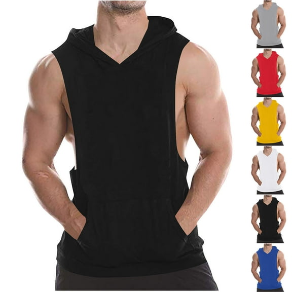QATAINLAV Mens Workout Hooded Tank Tops Gym Running Cut off Muscle Vest Solid Color Bodybuilding Training Sleeveless Hoodies with Pockets, Gray, XL