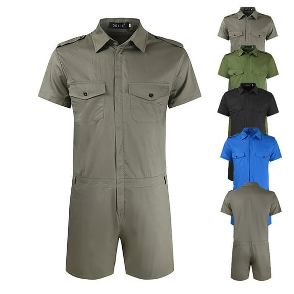 QATAINLAV Mens Zip Front Shorts Coverall Casual Short Sleeve Overalls Work Wear Slim Fit One Piece Rompers Cargo Jumpsuits with Chest Pockets Gray XXL Limited Time Sale