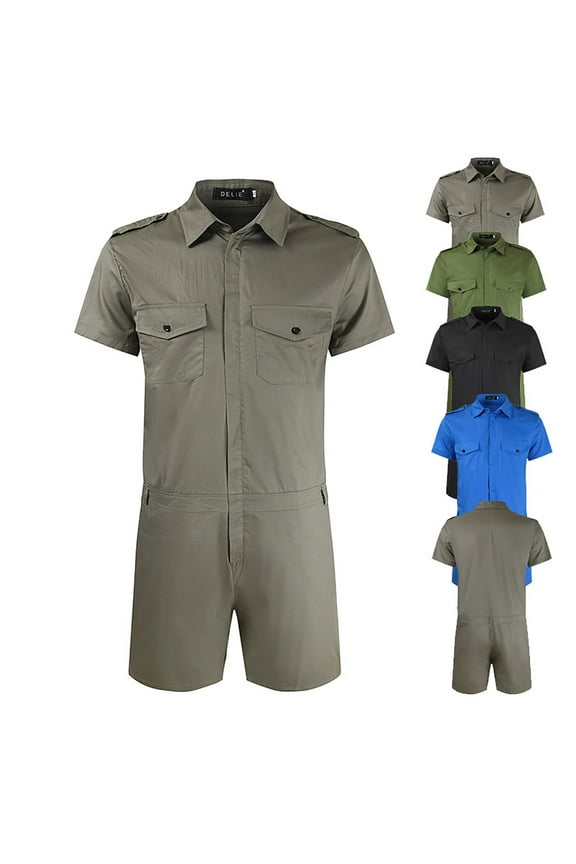 Mens Zip Front Shorts Coverall Casual Short Sleeve Overalls Work Wear Slim Fit One Piece Rompers Cargo Jumpsuits with Chest Pockets Gray XXXXL Holiday Sales