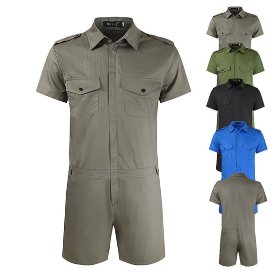 QATAINLAV Mens Zip Front Shorts Coverall Casual Short Sleeve Overalls Work Wear Slim Fit One Piece Rompers Cargo Jumpsuits with Chest Pockets Green M Holiday Sales