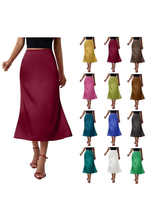 Mermaid Satin Midi Skirt for Women Elegant Silk High Waisted Work Skirts Cocktail Party Long Skirt, Coffee, L, Gifts for Mom