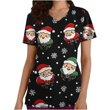 QATAINLAV Merry Christmas Scrubs for Women Funny Cute Santa Printed Nursing Scrub Tops Short Sleeve V Neck Medical Working Uniform Blouse Holiday Workwear with Pockets Deals of Today Black M