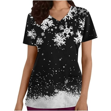 QATAINLAV Merry Christmas Scrubs for Women Stretchy Nursing Scrub Tops Cute Xmas Printed Short Sleeve V Neck Medical Working Uniform Blouse with Pockets Daily Deals Clearance Black M
