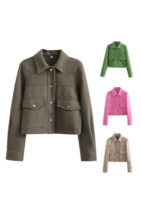 Mother's Day Gifts! Cropped Bomber Jacket for Women Solid Causal Lapel Long Sleeve Tweed Coats Fall Button Down Outerwear with Pockets Green M