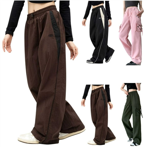 QATAINLAV Mother's Day Gifts! Wide Leg Pants for Women Baggy Casual Striped Parachute Pant Fall Winter Elastic Waist Sweatpants Hippie Clothes Streetwear Black S