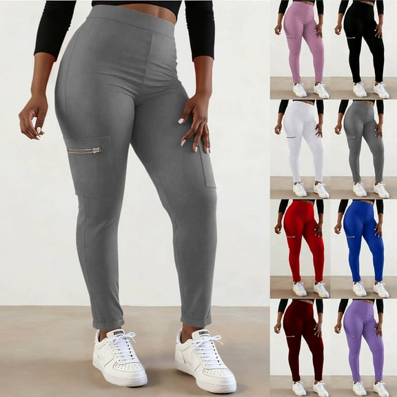 QATAINLAV Womens Leggings High Waisted Tummy Control Cargo Legging Stretchy Tight Fitting Yoga Pants with Zipper Pocket, Gray, S