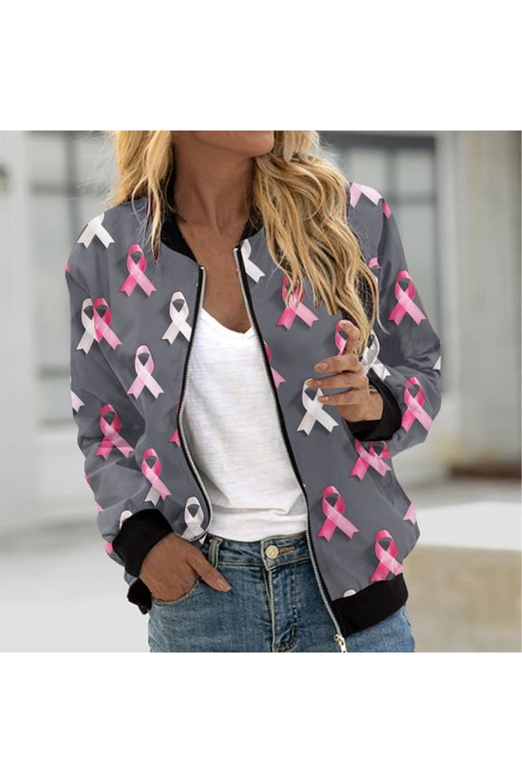 Mothers Day Gifts! Breast Cancer Awareness Bomber Jackets for Women Fall Zip Up Lightweight Outerwear Pink Ribbon Fashion Coats Gray M