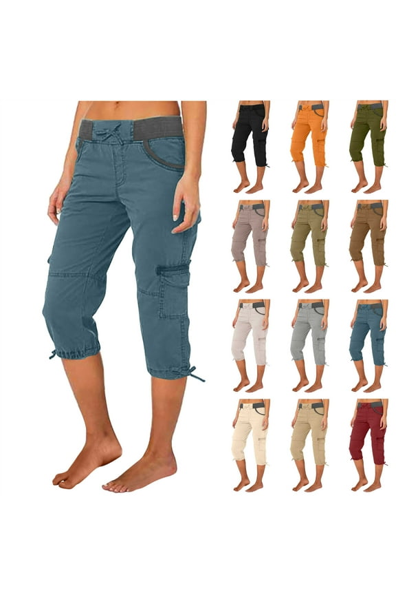 Mothers Day Gifts! Womens Cargo Capris Summer Casual Drawstring Low Waisted Hiking Jogger Pants Lightweight Cotton Capri Pants with Pockets Khaki M