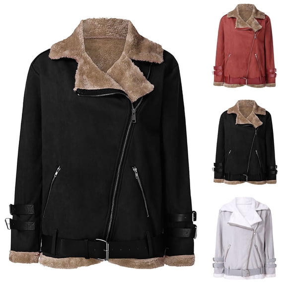 QATAINLAV Moto Biker Jackets for Women Fashion Faux Suede Leather Coats Casual Slant Zip Long Sleeve Sherpa Lined Jacket with Pockets Black S
