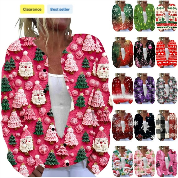 QATAINLAV Multicolor Christmas Gifts for Women Ugly Graphic Knitted Sweaters Tops Oversized Long Sleeve Button Up Cardigans, L